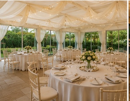 Sala allestita con tavoli, fiori e luci per un evento