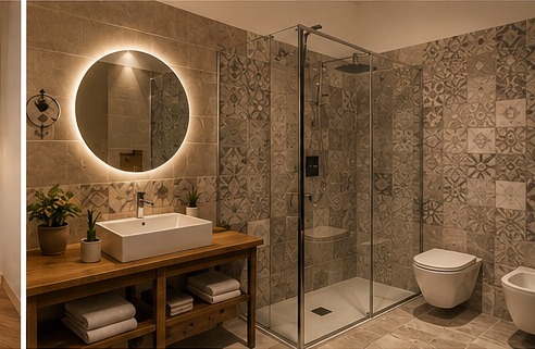 Bagno della locanda con doccia walk-in e finiture coordinate alla camera